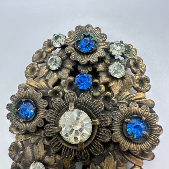 1920s antique Art Deco Czech blue clear glass rhinestones floral Dress clip - Picture 5 of 9